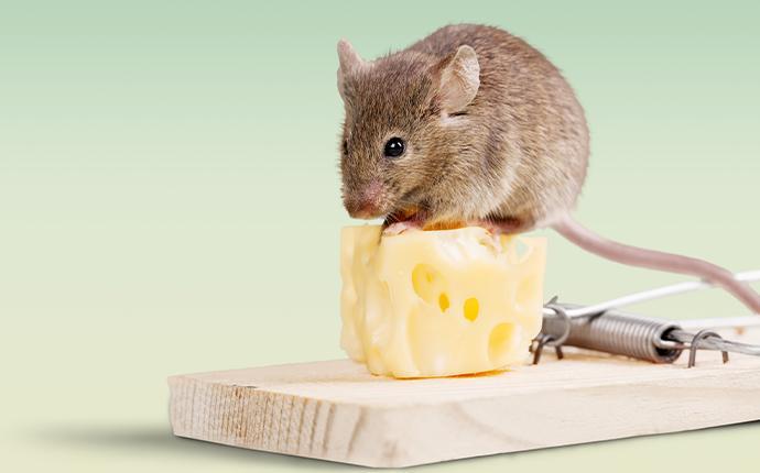 a mouse on a piece of cheese that is on a mouse trap