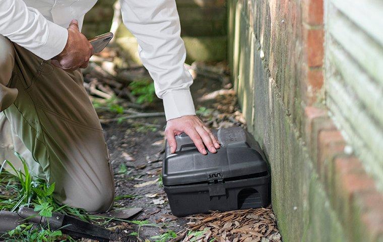 a pest control service technician installing a rodent bait station at the exterior walls of a home