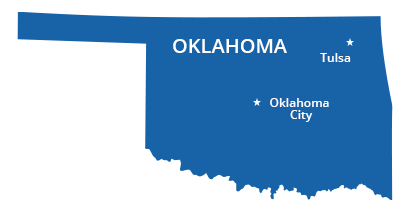 blue oklahoma state outline with stars next to tulsa and oklahoma city