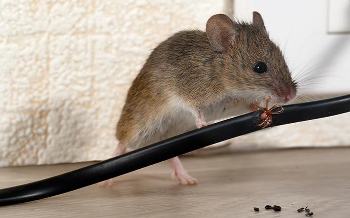 a mouse chewing on a cord