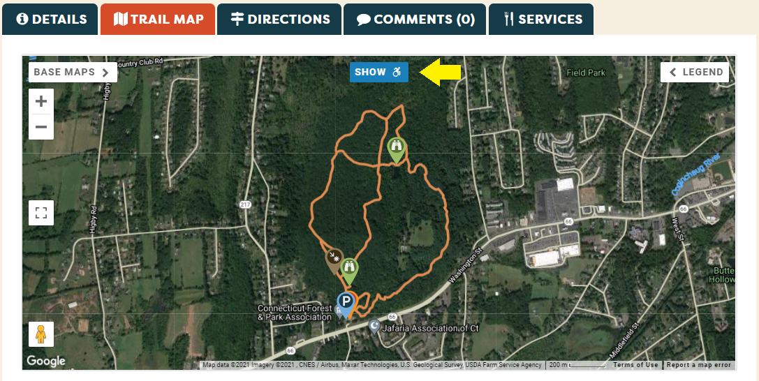 Screenshot of a trail map indicating where the show accessible trails button is located.