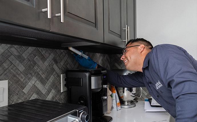 admiral pest control technician treating interior of kitchen