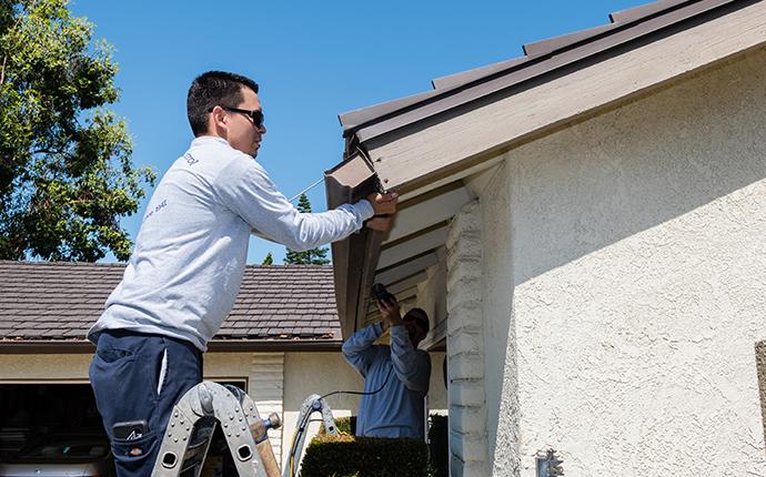 technician repairing termite damage on house