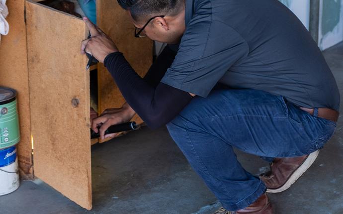 technician inspecting wood cabinet