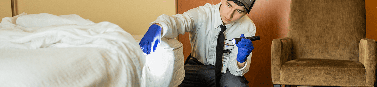a pest technician inspecting a bed for bed bugs in bettendorf iowa