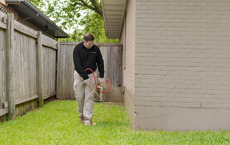 a pest control service technician performing pest treatments outside of a home in new buffalo michigan