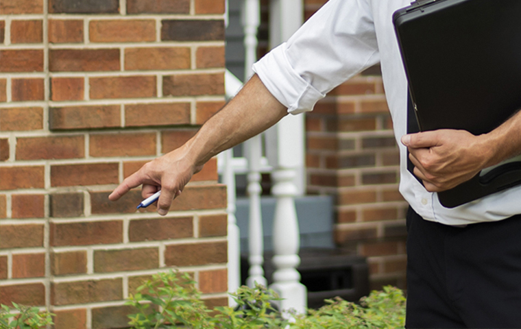 Get Started With A Thorough Inspection a technician performing an exterior inspection pointing at the foundation