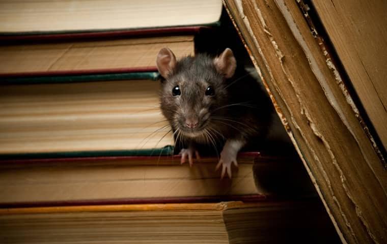 rat poking out from a stack of books