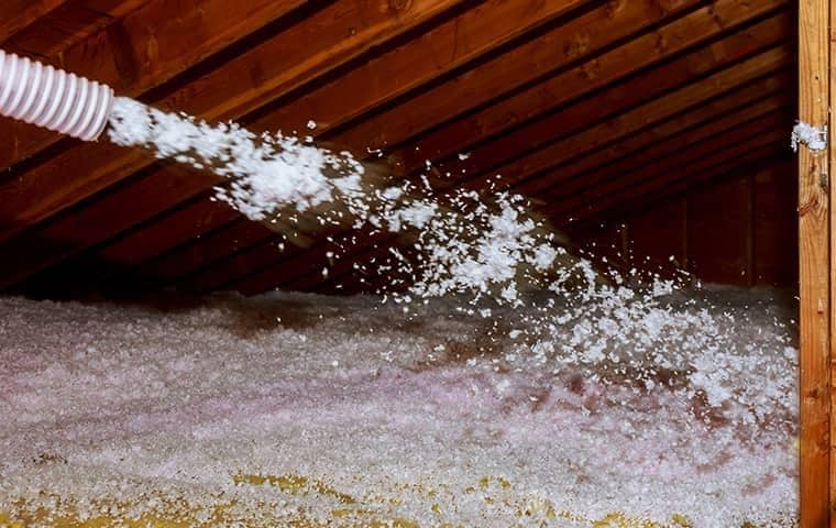 spray cellulose insulation being blown into an attic