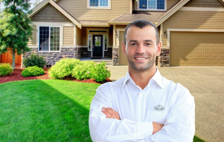 a smiling technician standing in front of a home in hawkins texas