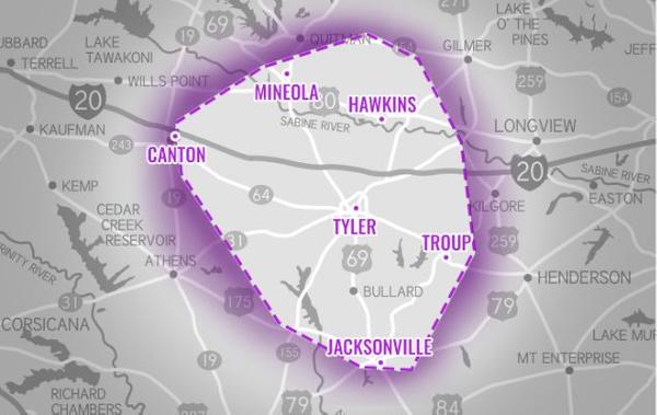a map highlighting the service area of innovative pest control in east texas