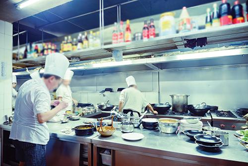 commercial kitchen with chefs
