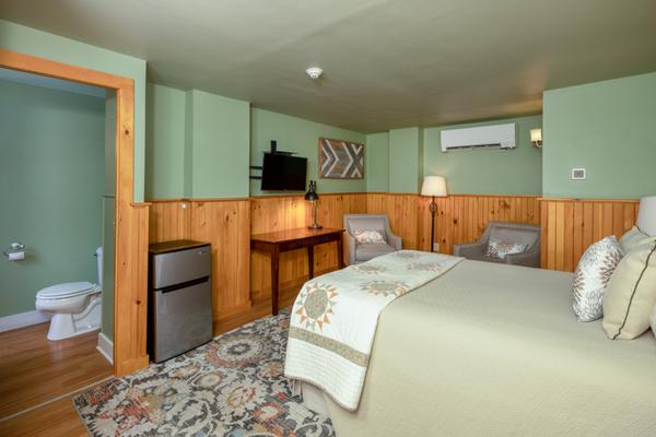 Room with a television, bed, mini-fridge, and other amenities