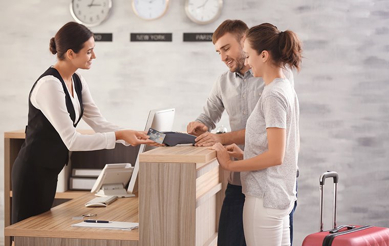 the front desk of a hotel