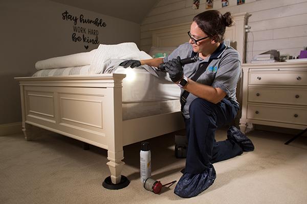 a bed bug control technician checking a mattress in a home in newport delaware