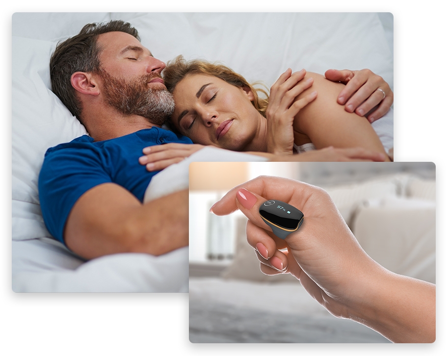 a couple getting quality rest and the sleepimage ring test on female hand
