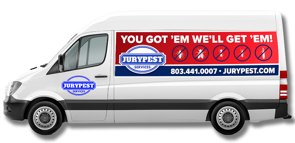 a jury pest services company vehicle in front of a home in north augusta south carolina