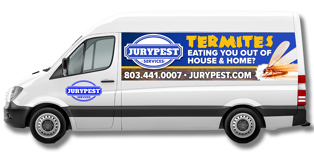a jury pest services company vehicle in front of a home in north augusta south carolina