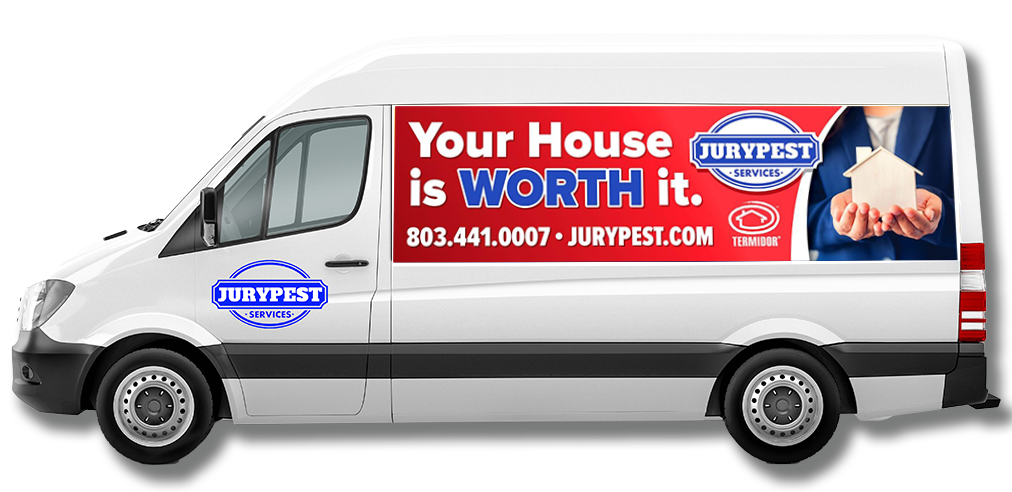 a jury pest services company vehicle in front of a home in north augusta south carolina