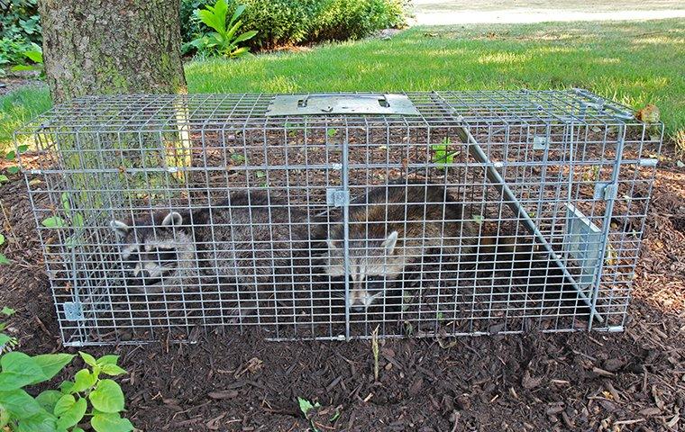 2 raccoons caught in a trap