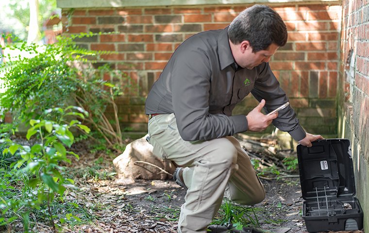 a rodent control specialist checking a trap outside a home in hendersonville north carolina