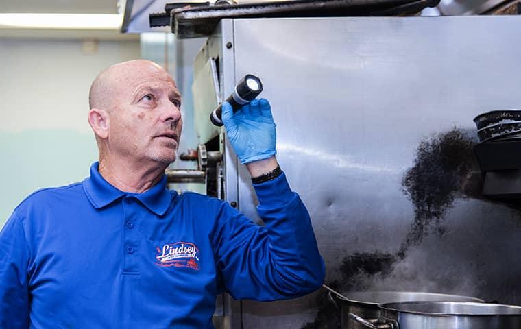 a technician inspecting a fruit cove restaurant kitchen