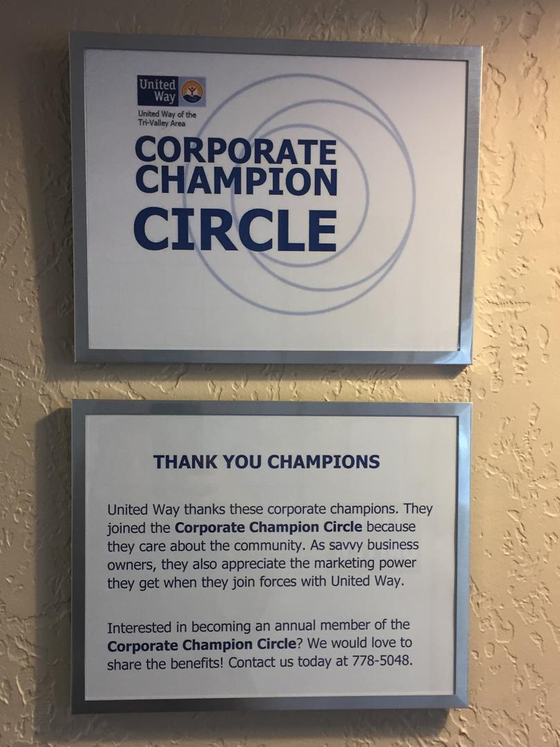 United Way appreciates its Corporate Champion Circle members and widely promotes the annual partnership.