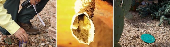 multiple pictures of a sentricon system being installed for termite protection
