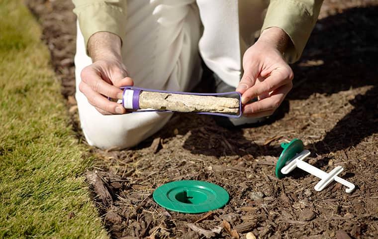 Termites Prefer Sentricon Bait To Cellulose a technician servicing a termite bait station in baltimore