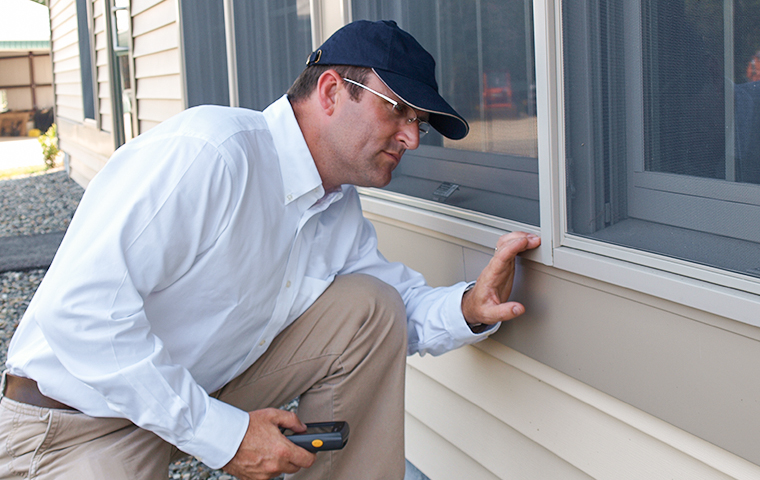 We Begin With A Quality Inspection a technician inspecting the exterior of a home in overlea