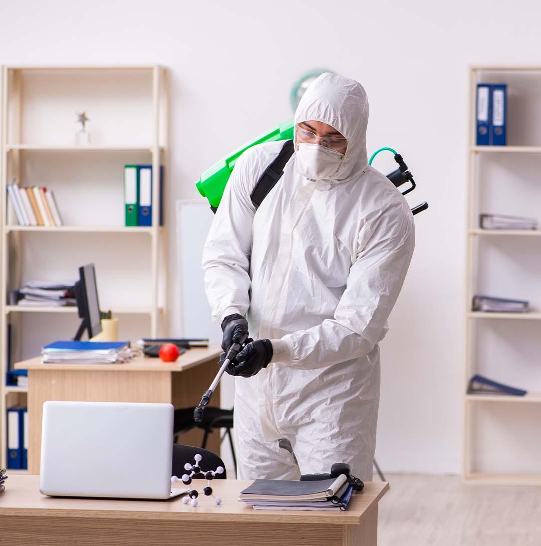 technician inspecting the cabinets in a home for pests