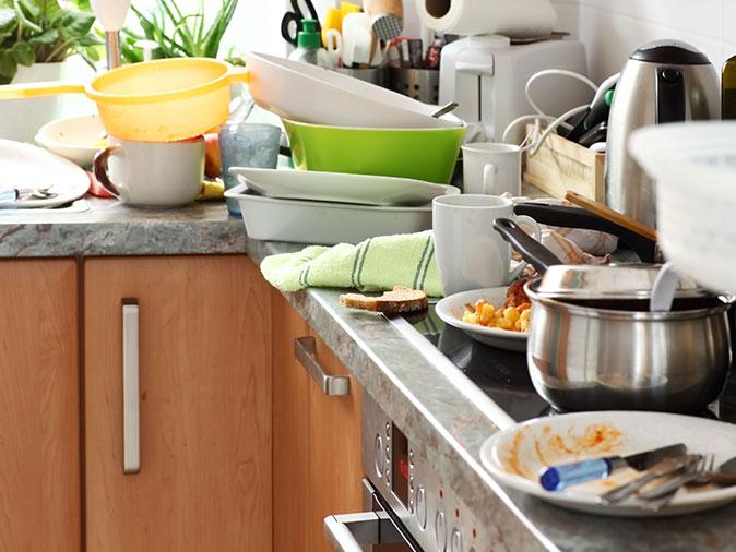 kitchen sink with dirty dishes attracting mice