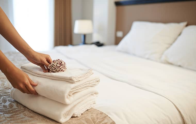 a hospitality worker folding towels inside of a hotel room in dallas texas
