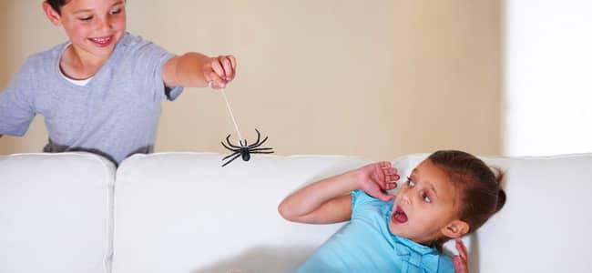 child scaring another child with fake spider