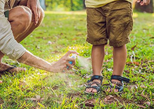  a parent spraying their childs feet with repellent in virginia