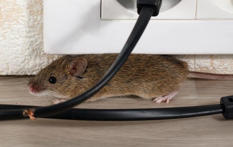 a house mouse crawling behind wires in a home