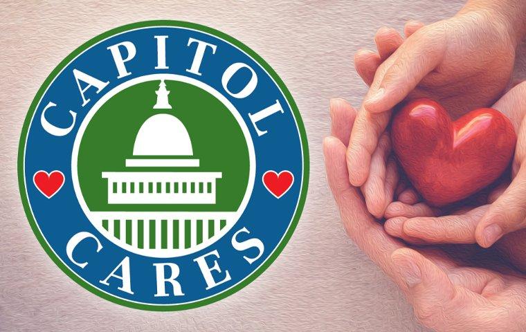 capitol cares logo and hands holding a heart