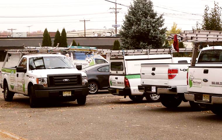 heritage pest control company vehicles parked in a pompton plains parking lot