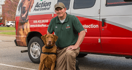 tech with bed bug dog outside indianpolis home