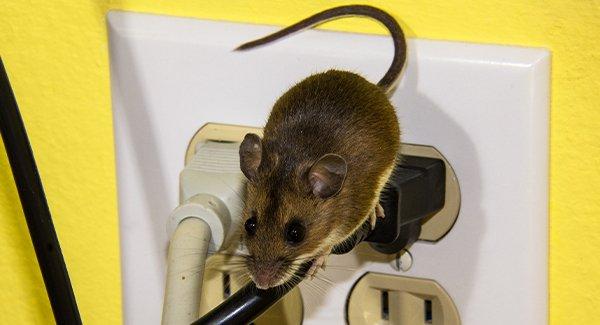 a house mouse crawling on eletrical cords