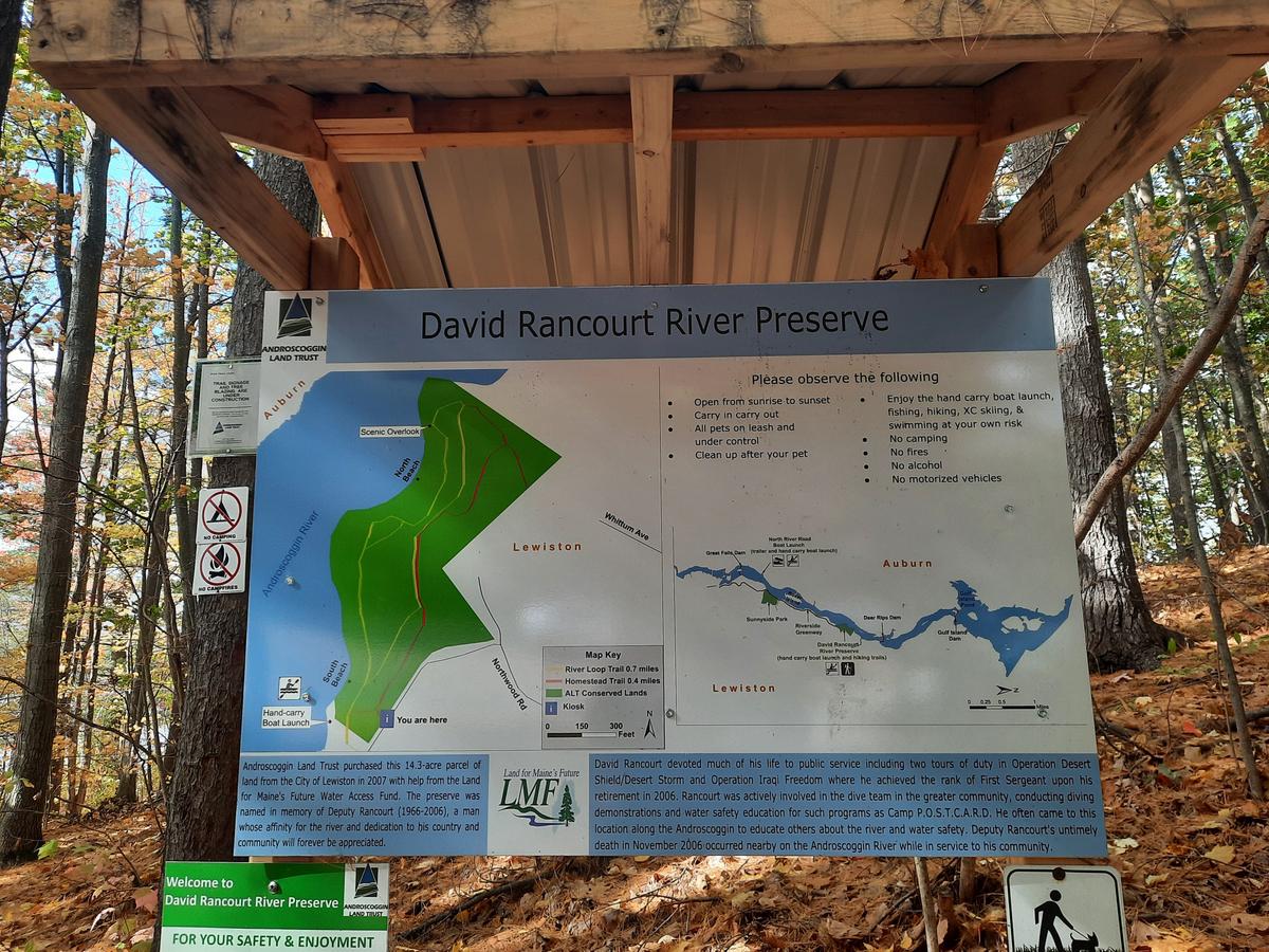 Kiosk and map for the David Rancourt River Preserve. Photo credit: Enock Glidden