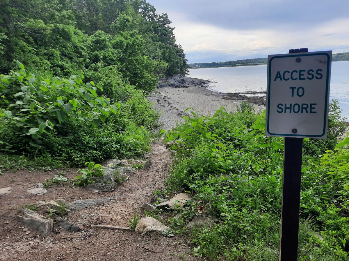 A sign saying "Access to Beach" without a very accessible trail.