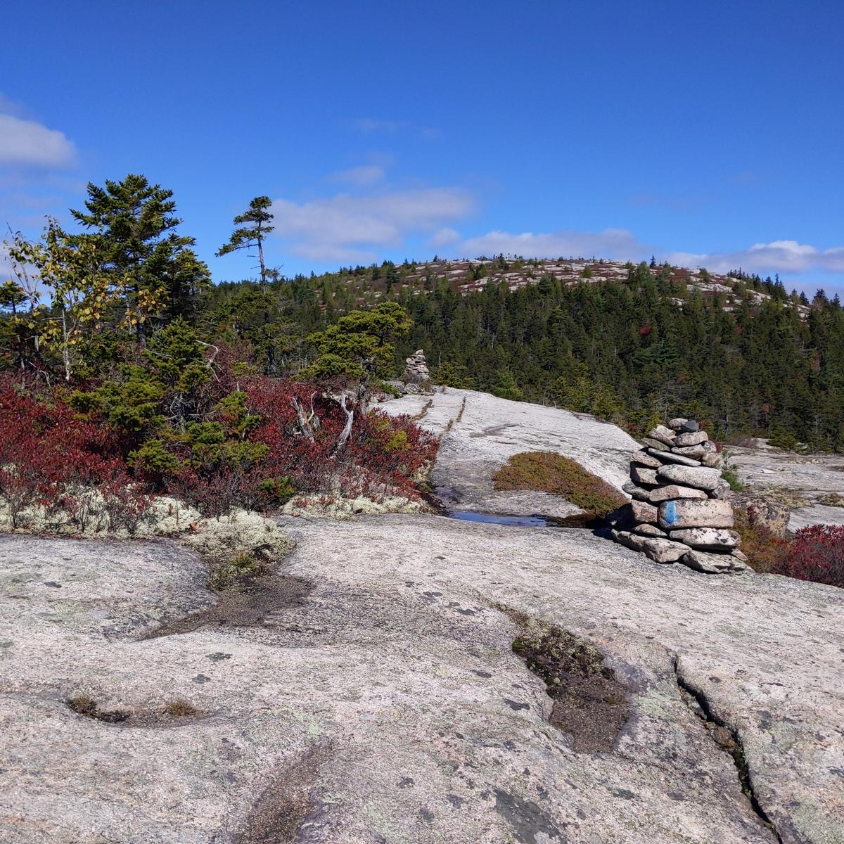 A trail over exposed rocks with cairns