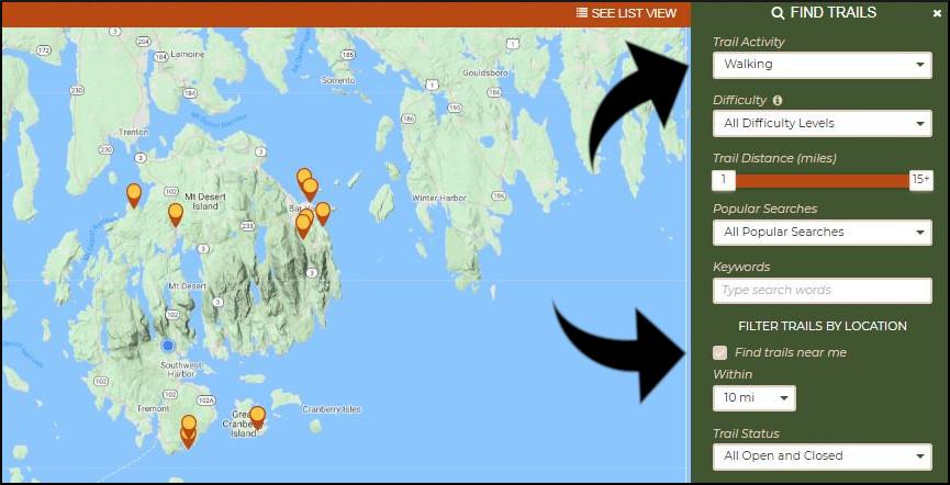 Maine Trail Finder allows you to search specifically for walking trails and for trails near your location, which can help you find alternative adventures in case the parking at your first choice location is full.