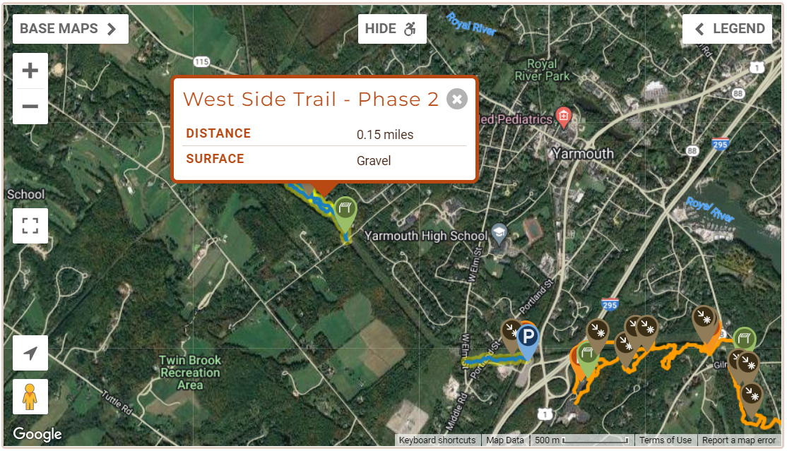 When clicked, the accessible sections are highlighted in blue and are also clickable to get more information about the trail.