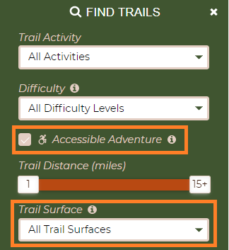 A screenshot of the Find Trails Filter from Maine Trail Finder.