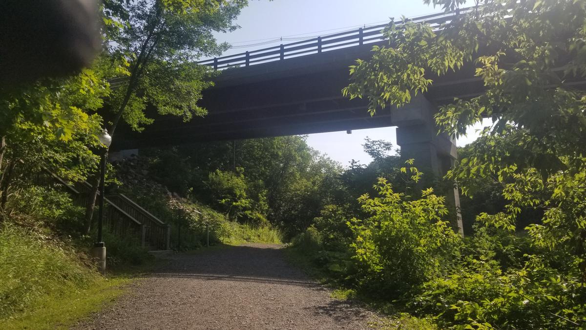 Trail passing under a bridge.