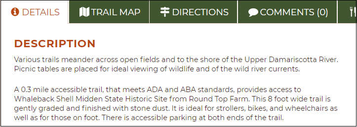 Screenshot of a detailed trail description from Maine Trail Finder.