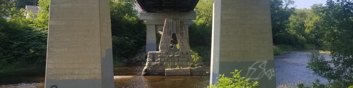 A view of the bottom of a bridge with concrete pillars on a river