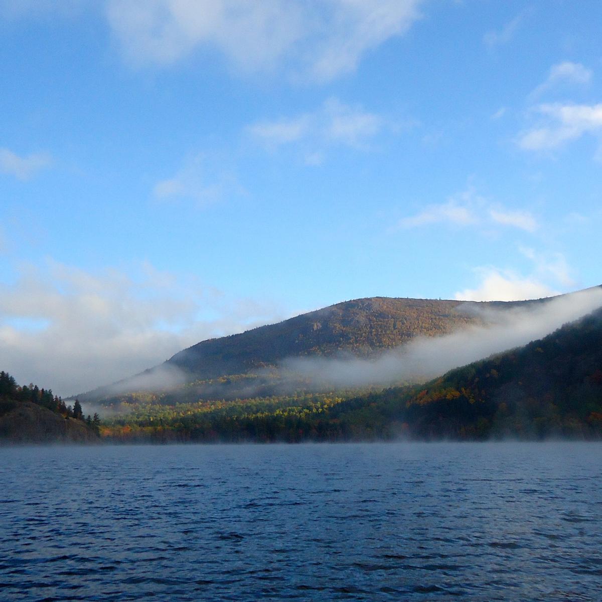 A lake has mid level waves caused by morning wind